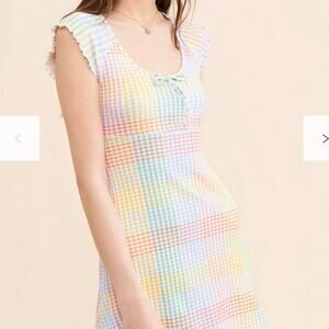 LoveShackFancy Zoie Mini Dress Rainbow Plaid Gingham Ribbed Cotton Size S Bow